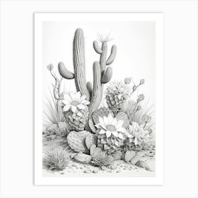 Vintage Cactus Illustration Bunny Ear Cactus B&W Art Print