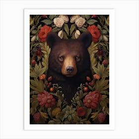 Black Bear Portrait With Rustic Flowers 2 Art Print