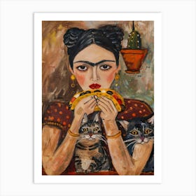 Portrait Of A Woman With Cats Eating Tacos 2 Art Print