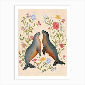 Folksy Floral Animal Drawing Seal 6 Art Print