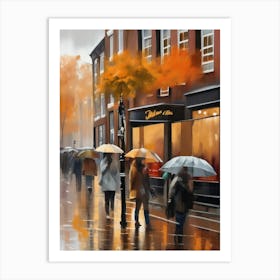 Amsterdam cafes, autumn season, rain, autumn oil colours.Faded colours,People passing on the street, winter clothes, rain umbrellas.7 2 Art Print