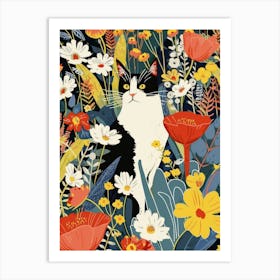 Black And White Cat In A Flower Garden Colours Art Print