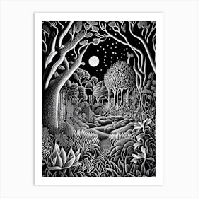 Garden Of Cosmic Speculation, United Kingdom Linocut Black And White Vintage Art Print