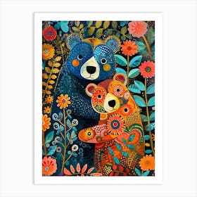 Colourful Floral Folky Bears 2 Art Print