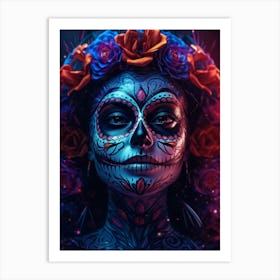 La Catrina Neon Skull Makeup Girl Art Print