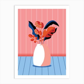 Vase With Decorative Florals On Light Pink And Blue Background Art Print