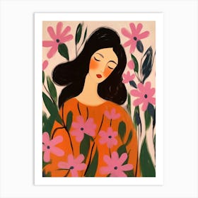 Woman With Autumnal Flowers Fuchsia 2 Art Print