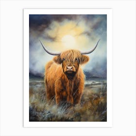 Watercolour Of Highland Cow In The Moonlight Art Print