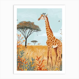 Giraffe By The Baobab Tree Modern Illustration Art Print