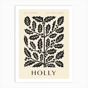 Rustic December Birth Flower Holly Black Cream Art Print