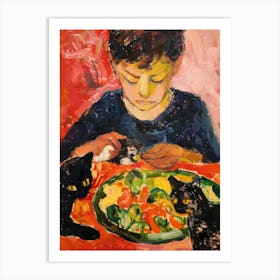 Portrait Of A Boy With Cats Eating A Salad 2 Art Print