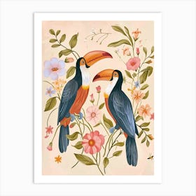 Folksy Floral Animal Drawing Toucan Art Print