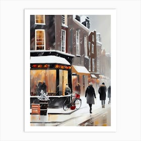 Amsterdam cafes, winter season, Christmas, autumn oil colors, pale colors, pedestrians in the street, winter clothes, falling snow.9 Art Print