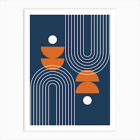 Modern Mid Century Sun, Moon Phases and Rainbow Abstract 26 in Navy Blue and Burnt Orange Art Print