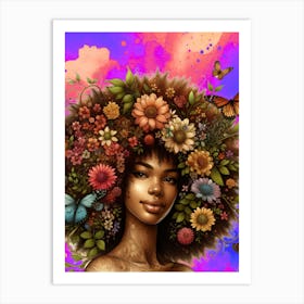 Afro, hair, kinky hair, butterflies , flowers, colorful art, African woman, Afrofuturism Art Print