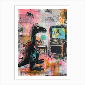 Dinosaur Watching Tv Pink Graffiti Brushstroke 1 Art Print