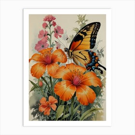 Butterfly On Flowers Art Print