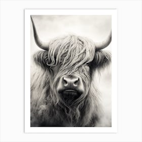 Black & White Stippling Illustration Of Highland Cow 3 Art Print