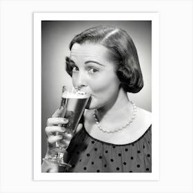 Woman Drinking A Beer Vintage Black and White Photo Art Print