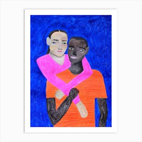 Portrait of two people on a blue background Art Print