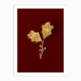 Vintage Bear Oak Leaves Botanical in Gold on Red n.0021 Art Print