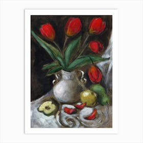 Still Life With Red Tulips - Anton Maliar painting flowers floral realistic impressionism vertical living room bedroom kitchen classic Art Print