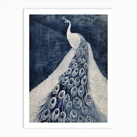 Navy Blue Peacock Linocut Inspired Peacock On A Path 3 Art Print