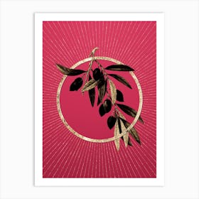 Gold Olive Tree Branch Glitter Ring Botanical Art on Viva Magenta n.0270 Art Print