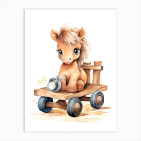 Pony On A Toy Car, Watercolour Nursery 0 Art Print