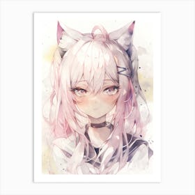 Kawaii Anime Girl With Pink Hair and Cat Ears Neko Nekomimi Watercolor Otaku Art Print