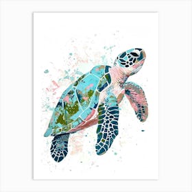 Pastel Blue Paint Splash Sea Turtle On A White Background Art Print