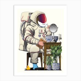Astronaut Shaving in Bathroom Art Print