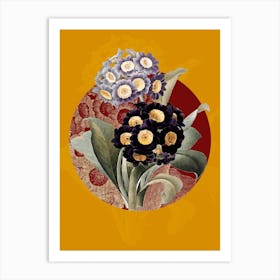 Vintage Botanical Mountain Cowslip on Circle Red on Yellow n.0042 Art Print