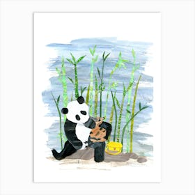 Panda And Baby Peacock Art Print