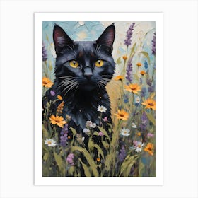 Black Cat Amongst the Wildflowers - Oil and Palette Knife Painting of A Beautiful Black Cat Sitting Among the Summer Flowers - Kitty, Cat Lady, Pagan, Feature Wall, Witch, Fairytale Tarot Bastet Colorful Painting in HD Art Print
