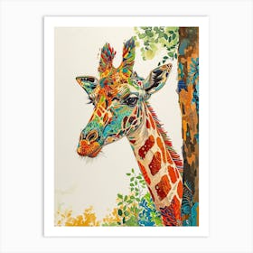 Colourful Giraffe Against The Tree Bark 1 Art Print