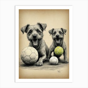 Two Dogs With Soccer Balls Art Print