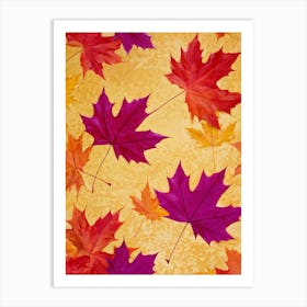 Autumn Themed Wallpaper Showcasing A Sun Drenched Group Of Maple Leaves In Varying Shades Of Red Or (1) Art Print