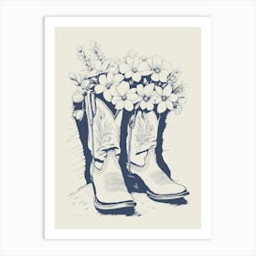 Cowgirl Boots with Flowers in Denim Blue Art Print