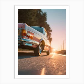 Vintage Car On The Road At Sunset Art Print