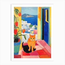 Painting Of A Cat In Santorini Greece 2 Art Print