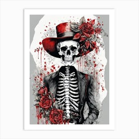 Floral Skeleton With Hat Ink Painting (20) Art Print