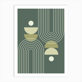 Mid Century Modern Geometric, Sun, Moon Phases, Rainbow Abstract in Forest Sage Green 1 Art Print