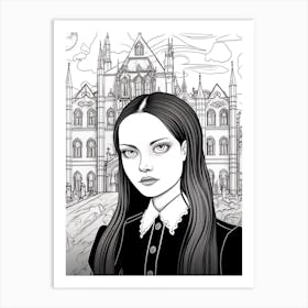 Nevermore Academy With Wednesday Addams Line Art 01 Fan Art Art Print