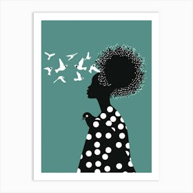 Silhouette Of A Woman With Birds Art Print