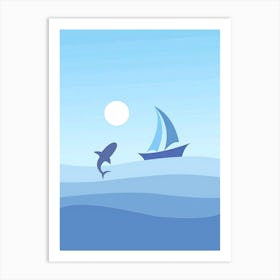 Shark And Boat In The Ocean Art Print