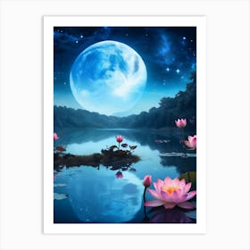 Lotus Pond With Moon Art Print