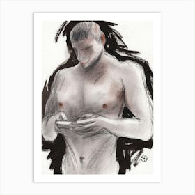 Phone Checker - erotic drawing homoerotic man male nude Anton Maliar graphite charcoal Art Print