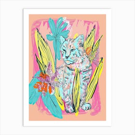 Cute Bengal Cat With Flowers Illustration 1 Art Print