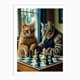 Two Cats Playing Chess Art Print